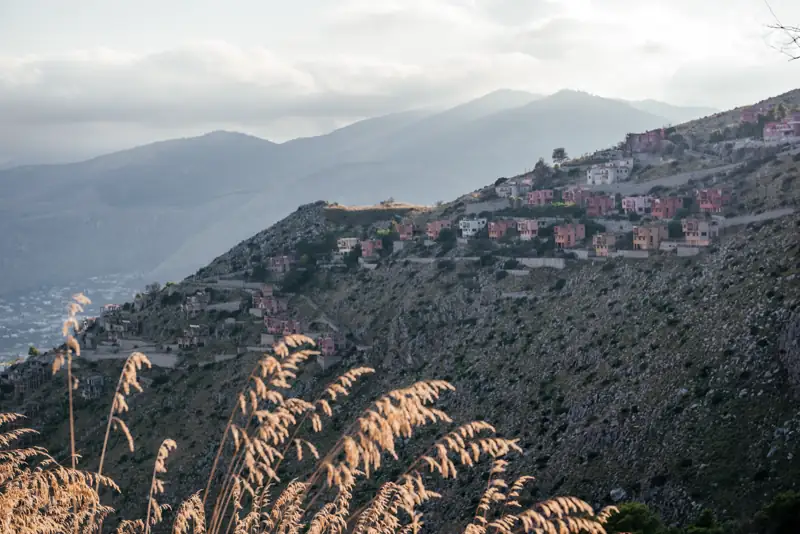 Golden grasses in front of the Pizzo Sella hillside villas with mountains behind